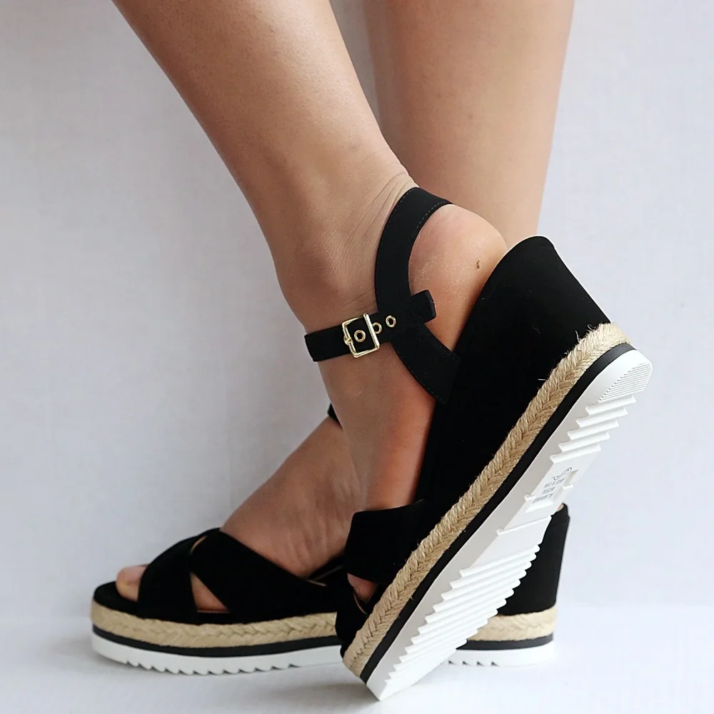 Black Espadrille Wedge Sandals with Ankle Strap